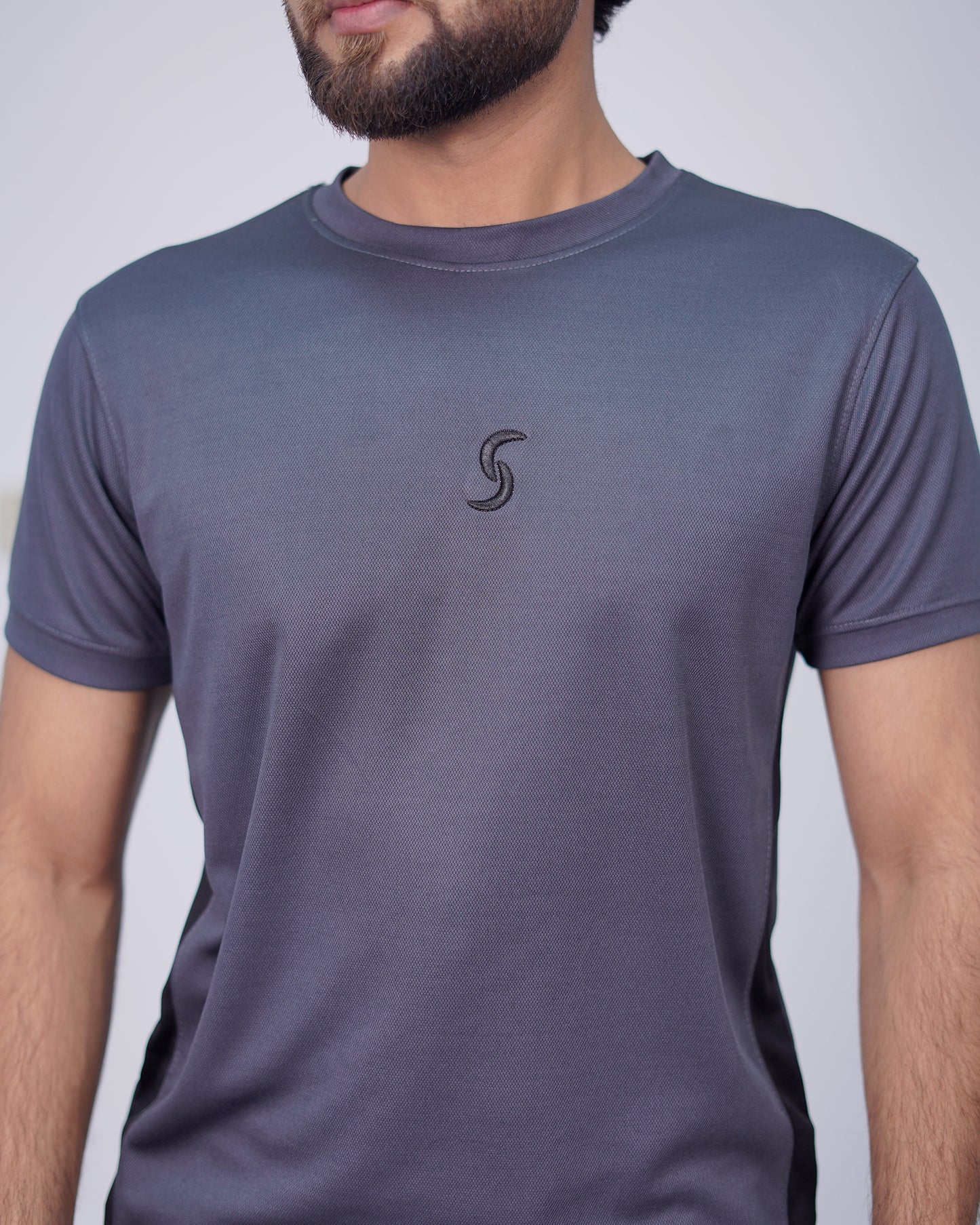 Gray Crew Neck Stretchable T-Shirt with Reflective Logo