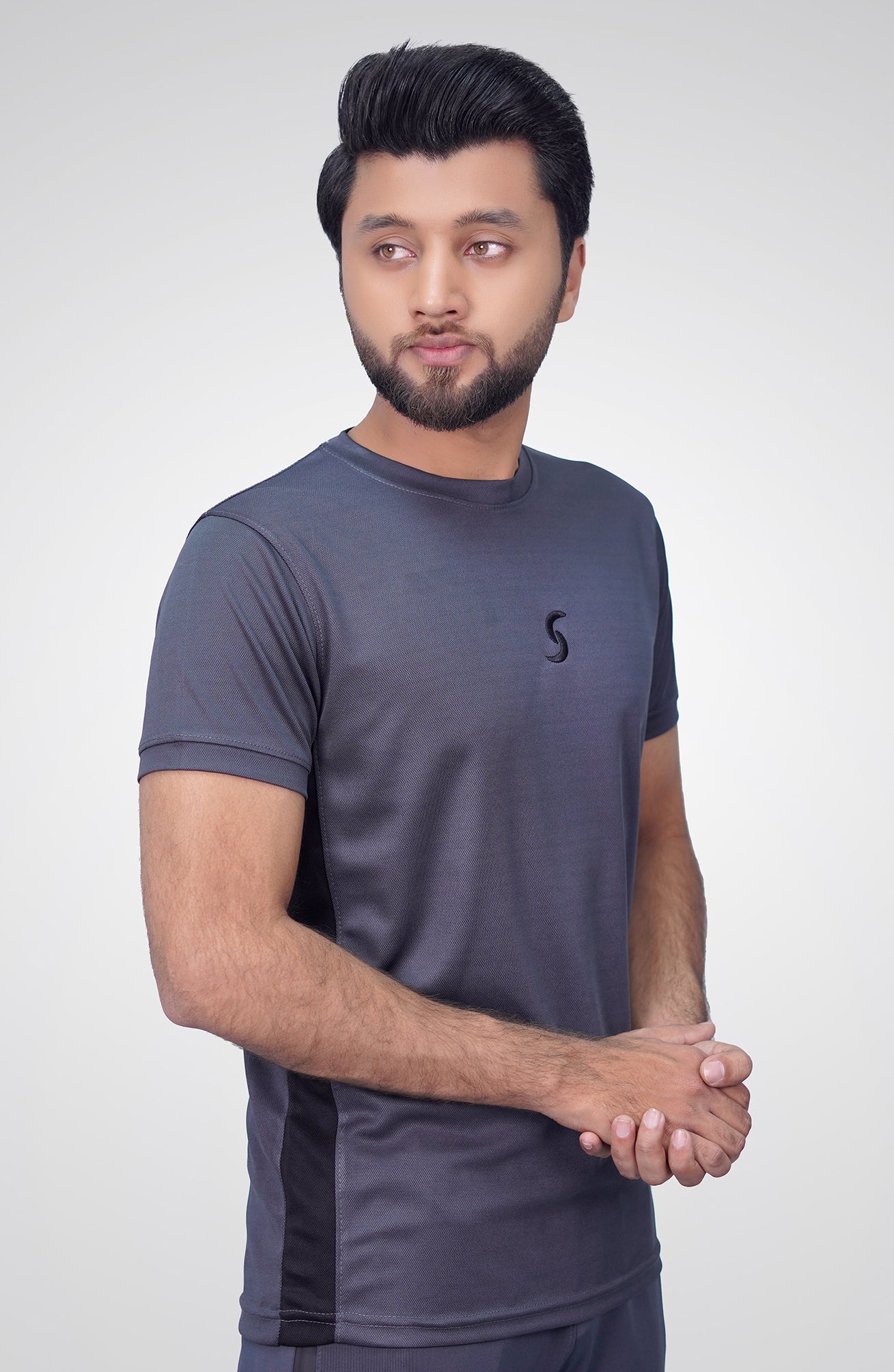 Gray Crew Neck Stretchable T-Shirt with Reflective Logo