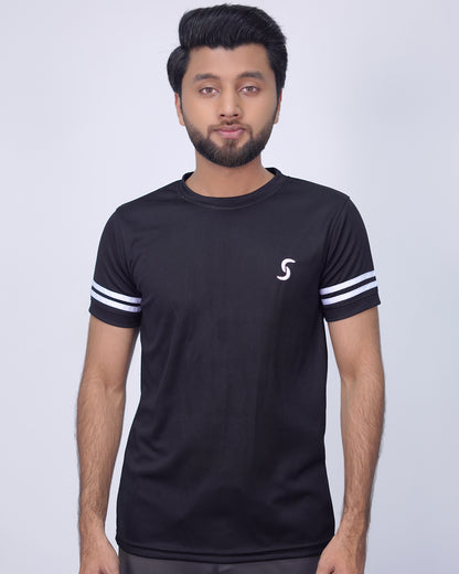 Premium Black Quick Dry T-Shirt with White Dual Arm Stripes