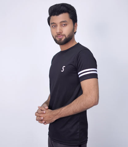 Premium Black Quick Dry T-Shirt with White Dual Arm Stripes