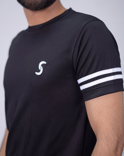 Premium Black Quick Dry T-Shirt with White Dual Arm Stripes