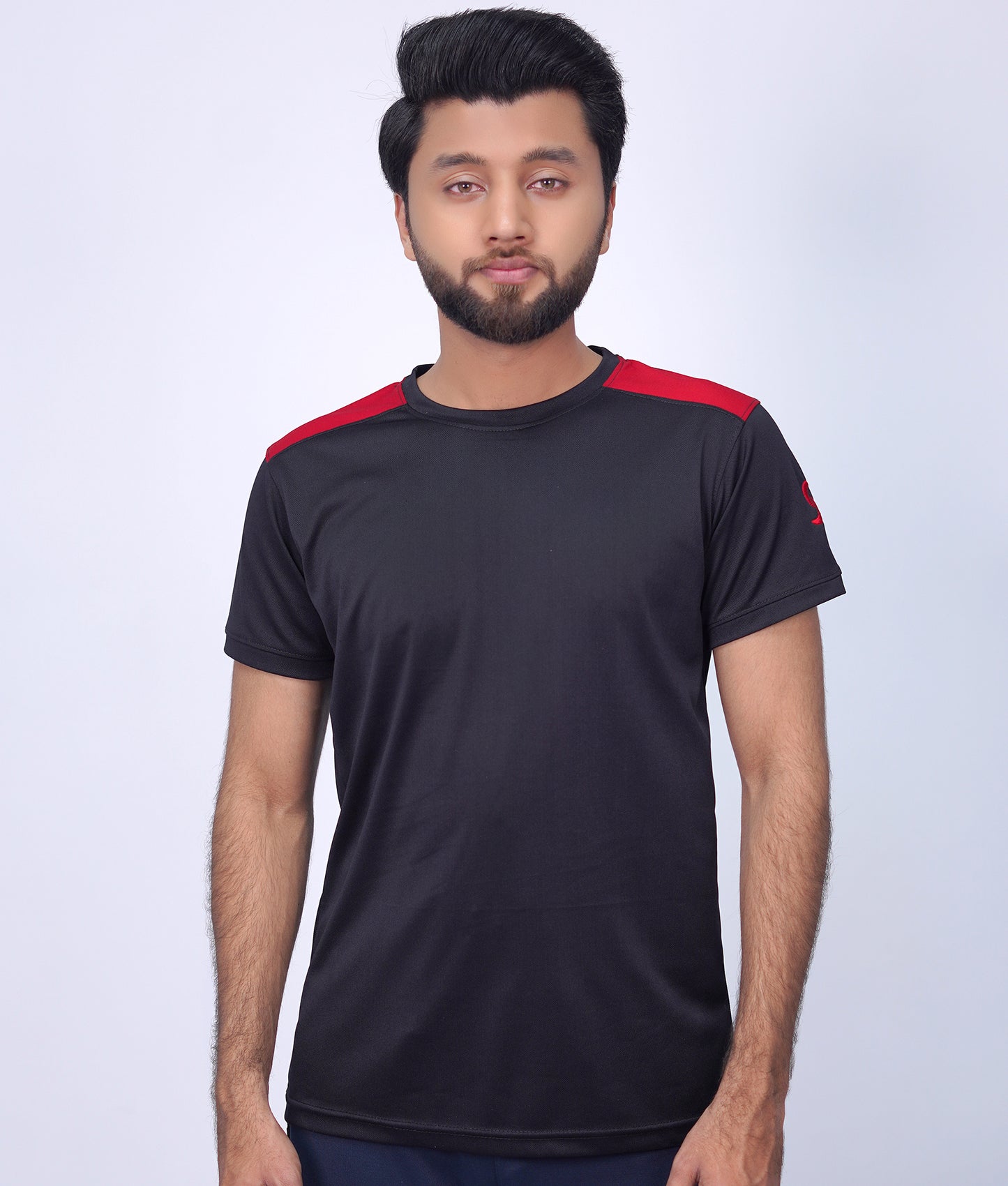 Luxurious Black Lycra Tee with Red Shoulder Panels