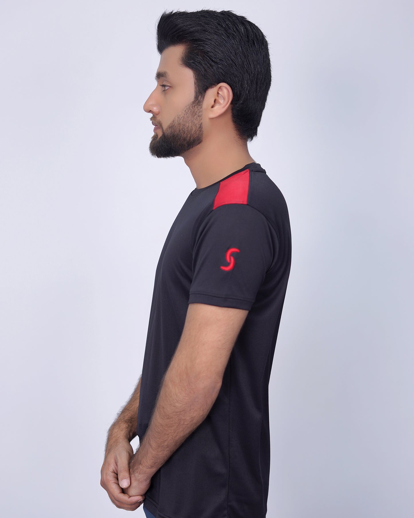 Luxurious Black Lycra Tee with Red Shoulder Panels