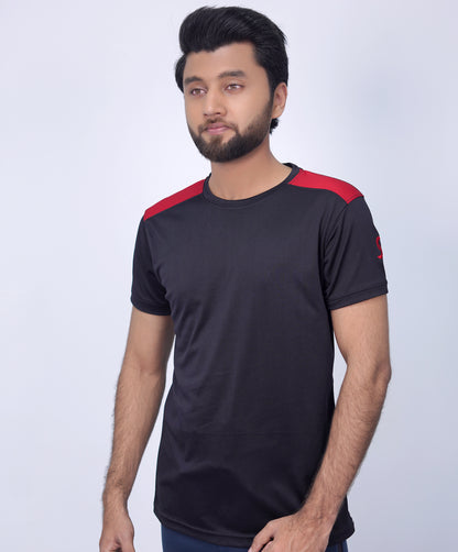 Luxurious Black Lycra Tee with Red Shoulder Panels