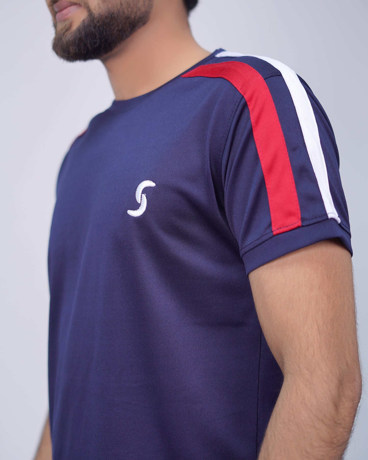 Premium Stretch Navy Blue T-Shirt with White & Red Shoulder Stripes