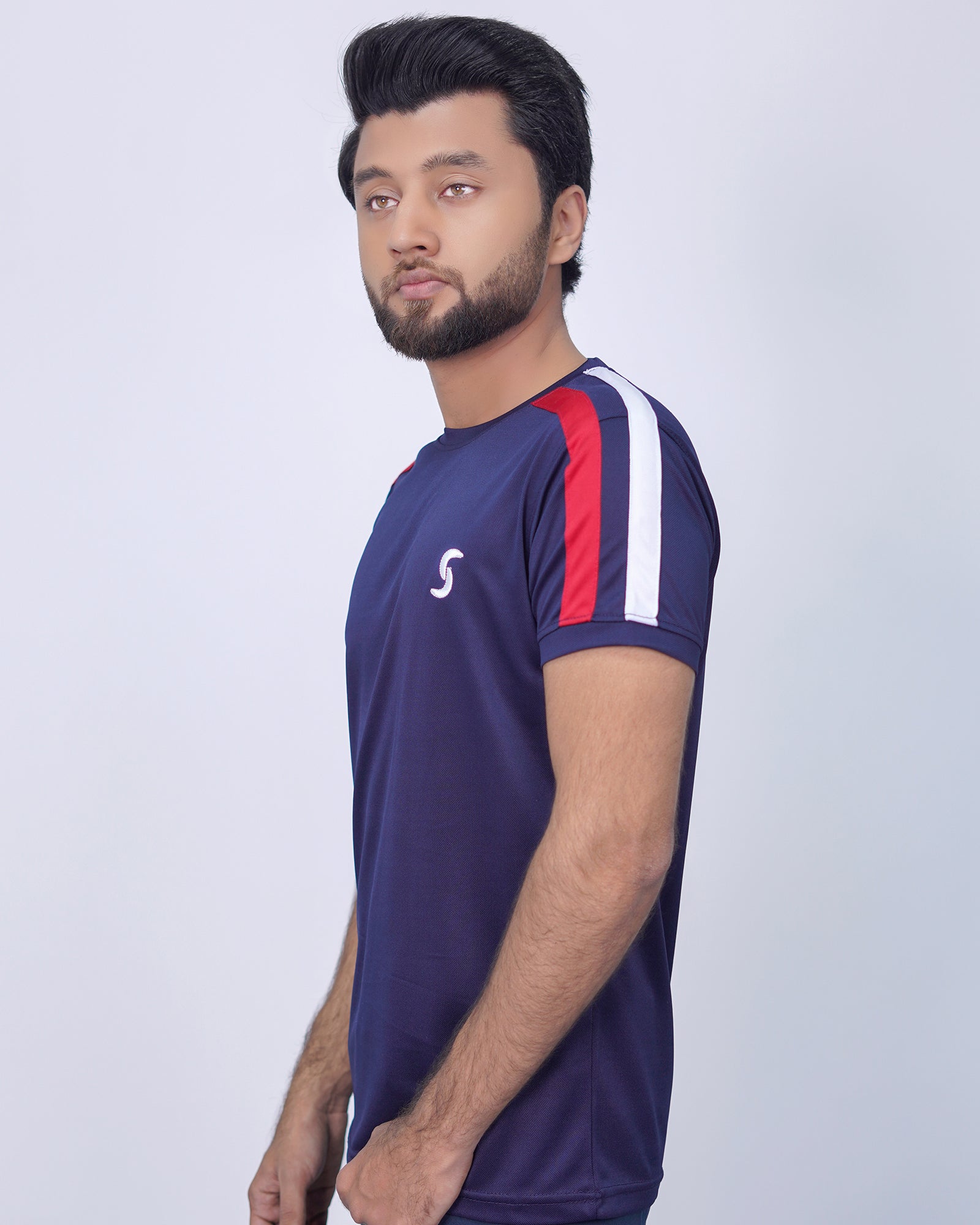 Premium Stretch Navy Blue T-Shirt with White & Red Shoulder Stripes