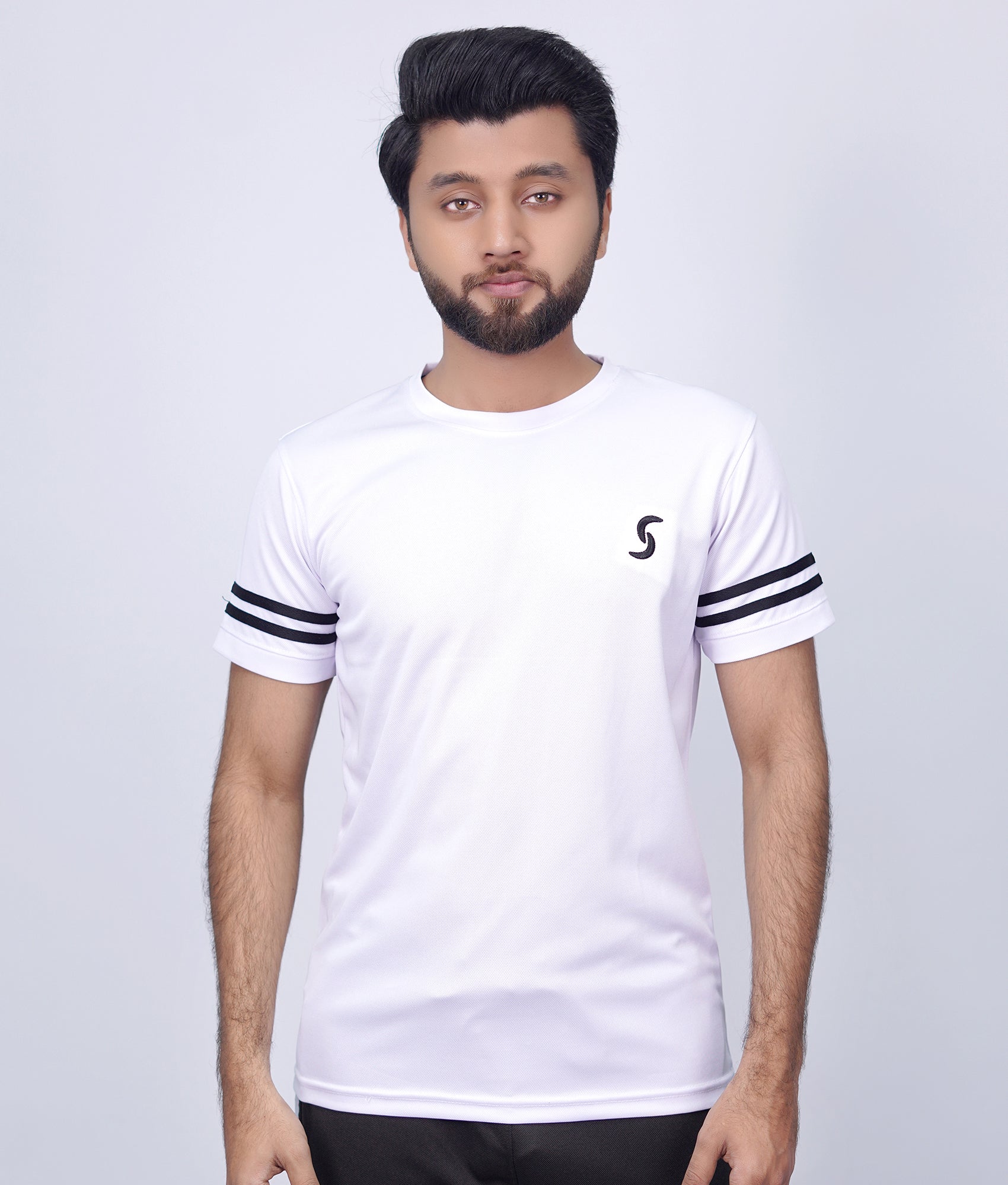 Relax Fit White T-Shirt with Black Dual Arm Stripes