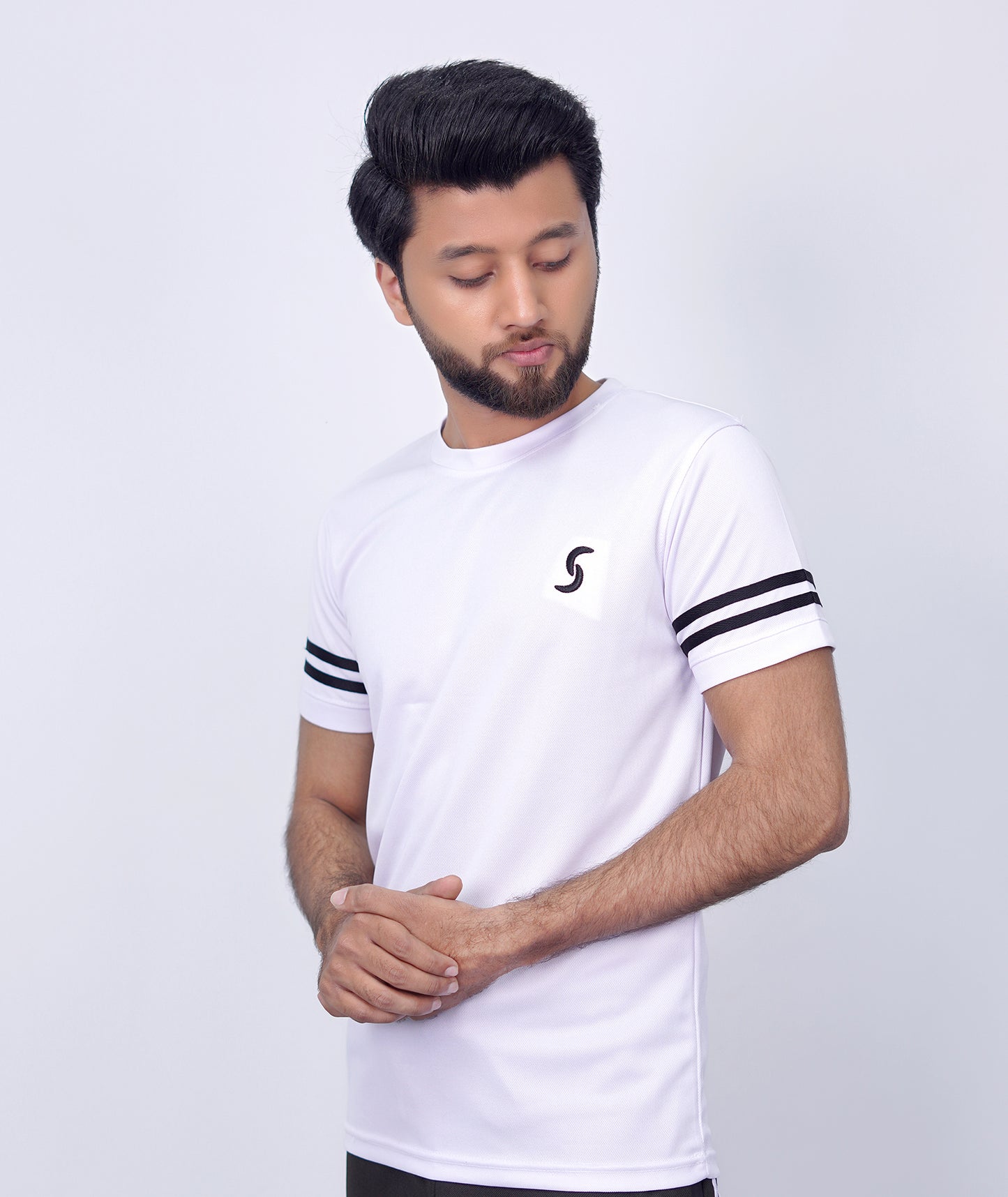 Relax Fit White T-Shirt with Black Dual Arm Stripes