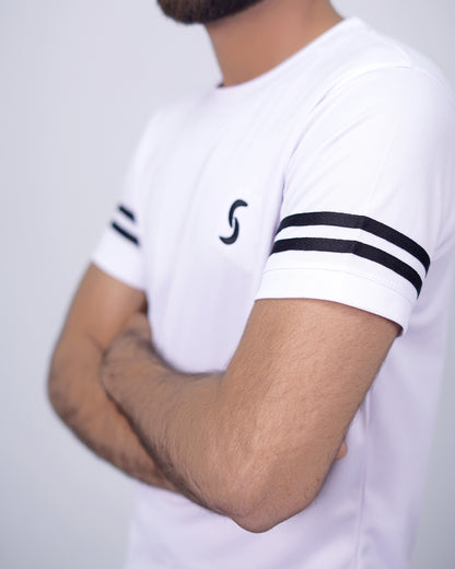 Relax Fit White T-Shirt with Black Dual Arm Stripes